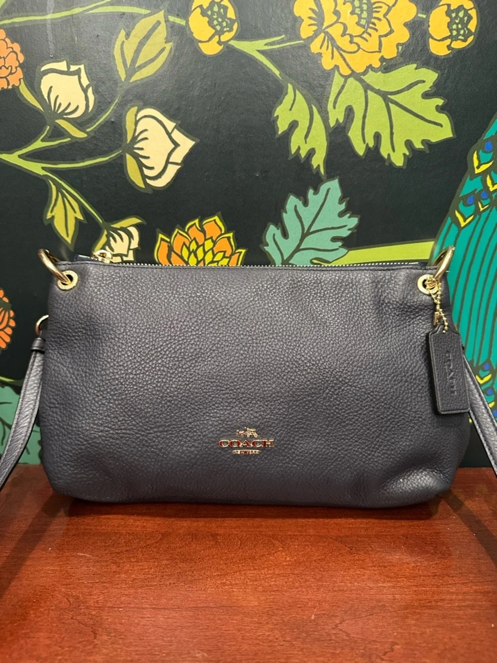 Coach Navy Pebbled Leather Crossbody Bag Gold Hardware Minimalist Shoulder Bag